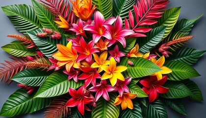 A vibrant explosion of tropical leaves and flowers in a central arrangement, flowers, nature photography