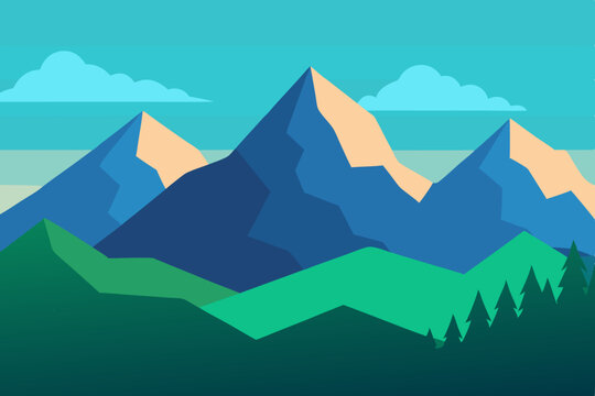 Stylized geometric mountain landscape with clouds and pine trees