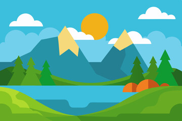 Flat design landscape with mountains lake trees and sun under blue sky
