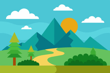 Obraz premium Flat design landscape with mountains trees clouds and a winding path