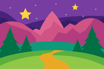 Obraz premium Stylized landscape with pine trees mountains and stars under a purple night sky