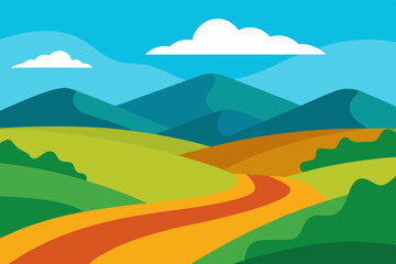 Obraz premium Stylized landscape with rolling hills mountains and a winding path under a blue sky