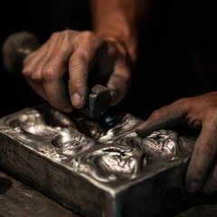 Artisan crafting metal mold with hammer.