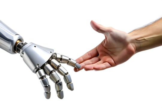 Metallic robot hand reaching to touch human hand with fingers extended isolated on a transparent background