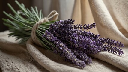 Lavender Bouquet Tied With Twine Resting on a Rustic Fabric Background in Soft Natural Light