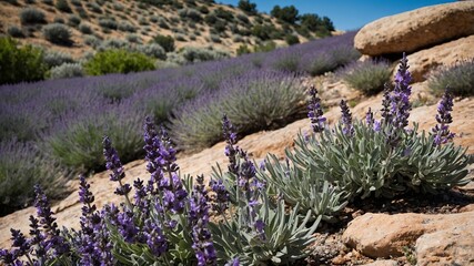 Lavender Fields Bloom in Vibrant Hues Under Blue Skies Near a Rocky Hillside in Summer