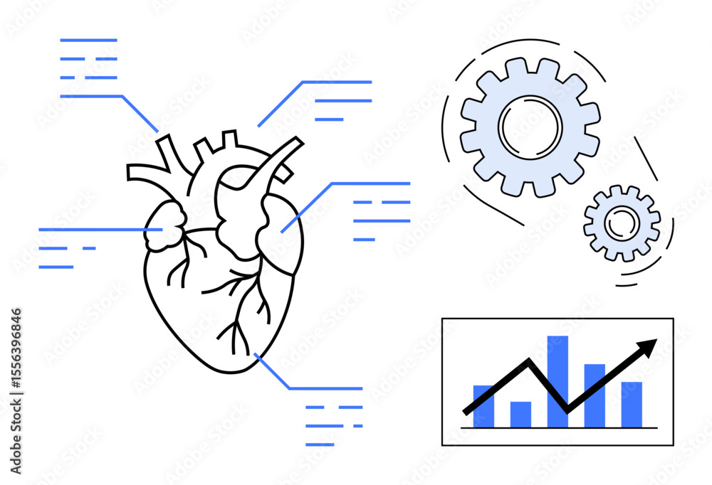 Poster anatomical heart with connected data lines, gears symbolizing systems and processes, bar chart denot