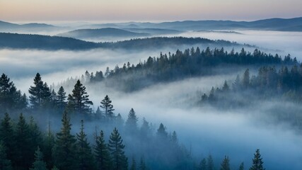 Misty Morning Over Tranquil Forest Landscape Reveals Layers of Trees and Hills in Early Dawn Light With Hues of Blue and Soft Fog Blanketing the Terrain