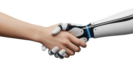 A handshake between a human hand and a robotic arm symbolizes collaboration, technology, and the future, set against a stark transparent background.