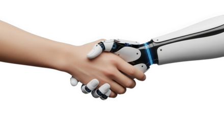 A handshake between a human hand and a robotic arm symbolizes collaboration, technology, and the future, set against a stark transparent background.
