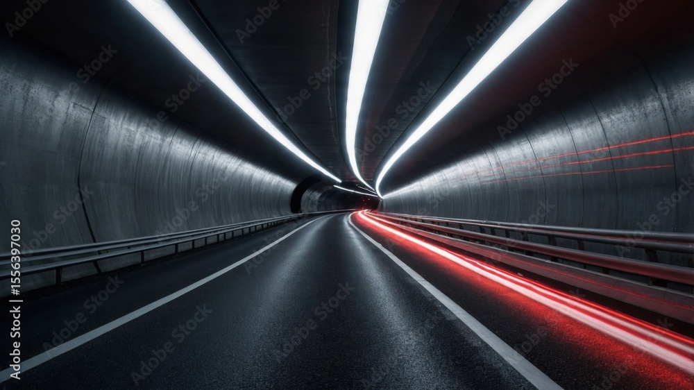 Poster long exposure view of a modern tunnel with dynamic light trails from passing vehicles during nightti