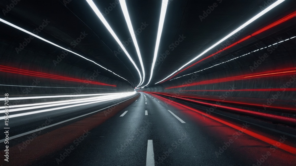 Poster light trails create a dynamic effect in a dark tunnel during nighttime driving experience near an ur