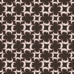 A luxurious seamless pattern featuring elegant rococo and baroque style scrolls and abstract floral forms in white and pale pink on a rich dark brown background. Ideal for sophisticated textiles and b