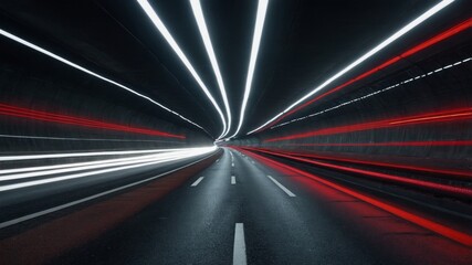 Light Trails Create a Dynamic Effect in a Dark Tunnel During Nighttime Driving Experience Near an Urban Area