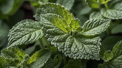 Close-up View of Fresh Mint Leaves With Morning Dew Captured in a Garden Setting During Early Daylight Hours