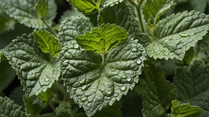 Fresh Mint Leaves Glistening With Water Droplets, Showcasing Vibrant Green Hues and Intricate Textures in a Natural Setting During Daylight Hours