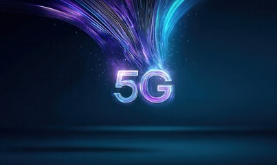 Vibrant abstract design showcasing 5G network technology against a dark background with flowing light patterns