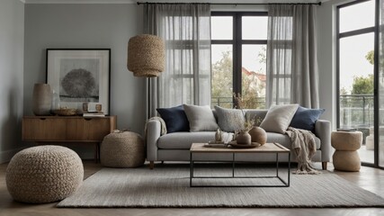 Modern Living Room Design Featuring Neutral Tones, Cozy Textures, and Natural Light in a Contemporary Urban Apartment
