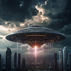 A massive alien spaceship partially cloaked, distorting the clouds above a futuristic city, glowing lights and atmospheric distortion effects