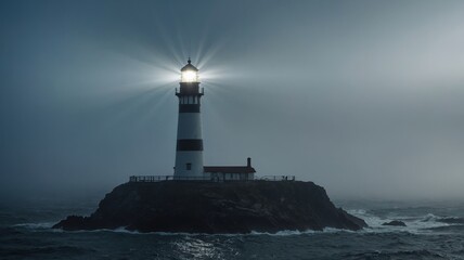 Lighthouse Standing Resilient Against a Stormy Sea at Dusk With a Powerful Beam Guiding Mariners Through Thick Fog