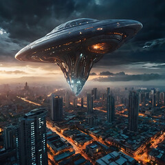 A massive alien spaceship partially cloaked, distorting the clouds above a futuristic city, glowing lights and atmospheric distortion effects