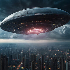 A massive alien spaceship partially cloaked, distorting the clouds above a futuristic city, glowing lights and atmospheric distortion effects