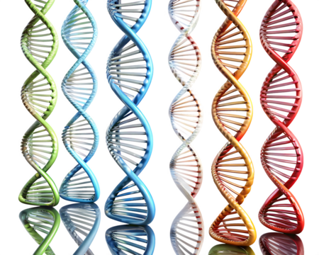 Multiple colorful D N A double helix strands with varying textures and reflections isolated on a transparent background