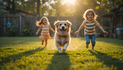 Obraz premium Two little girls running joyfully with a dog in a grassy backyard, capturing the spirit of play and childhood happiness
