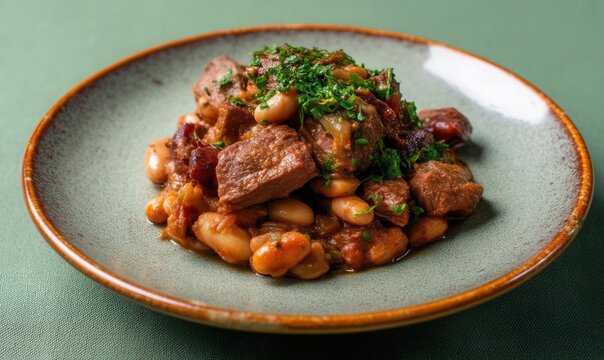 Delicious gamey pasulj sa suvim mesom served on an amber plate with fresh herbs against a pale winter green background