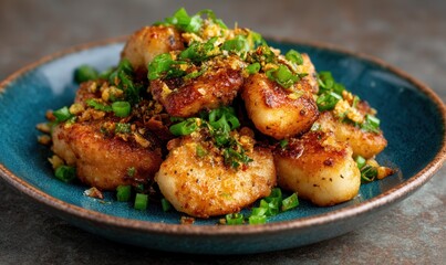 Fototapeta premium Zesty cod tongues with scrunchions served on a glacier blue plate enhances coastal dining experiences in a relaxed setting