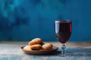 Swedish punch served with almond pastries on a wooden plate against a blue background