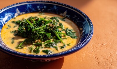 Creamy yam porridge with bush greens in coconut milk served on cobalt blue plate against warm clay backdrop