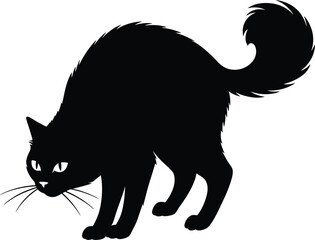 Silhouette of a Fluffy Scared Black Cat with Arched Back

