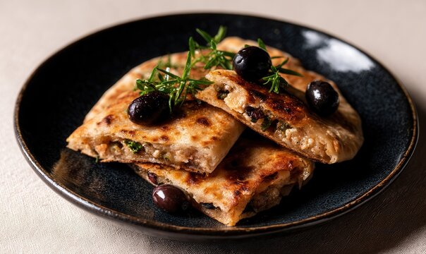 Spiced aish tindad flatbread with wild desert thyme and olives on a glossy black plate against a pale white background