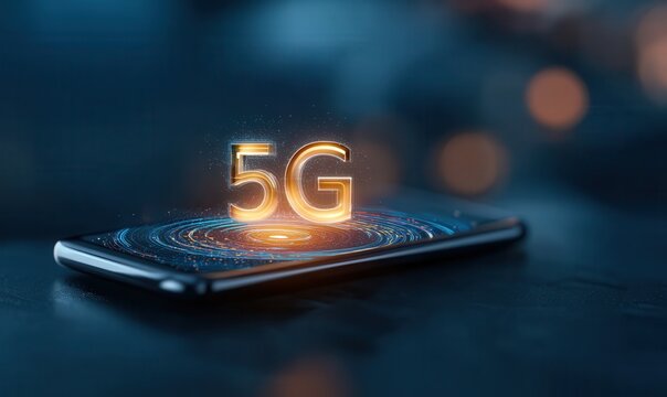 Futuristic holographic 5G text icon emerging from smartphone, highlighting digital connectivity in modern technology