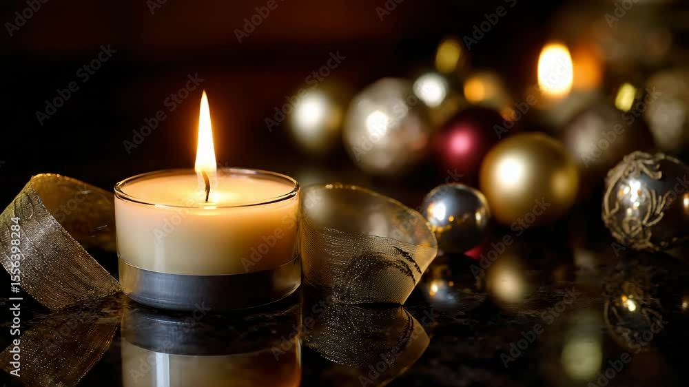 Poster cozy burning candle on dark background with blurred christmas decorations creating festive and warm 