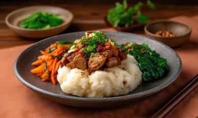 Rustic steamed pork with rice flour and pickled vegetables served on a slate plate in soft peach tones