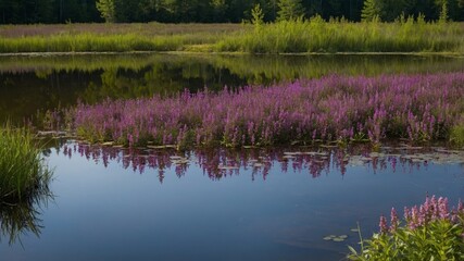 Vibrant Wildflowers Bloom Along the Calm Water in a Serene Landscape During the Late Afternoon in a Tranquil Rural Area