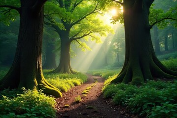 Mystical Sun-Dappled Forest Path Ancient Trees, Mossy Undergrowth, Sunlight Filtering Through Leaves, Wild Exploration