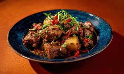 Savory phagshapa slow-cooked with pork fat, radish, and chili on a charcoal blue plate against a warm ochre backdrop