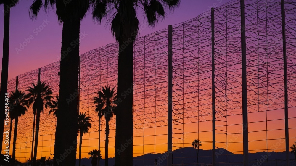 Poster sunset silhouettes of palm trees against a vibrant orange and purple sky with a distinctive netted s