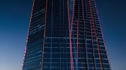 Night View of a Modern Glass Skyscraper Illuminated With Colorful Lights in an Urban Setting Showcasing Architectural Design and Urban Nightlife