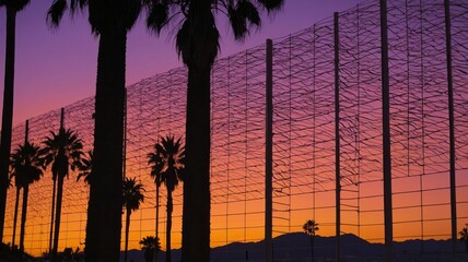 Sunset Silhouettes of Palm Trees Against a Vibrant Orange and Purple Sky With a Distinctive Netted Structure in the Background Located in a Desert Setting
