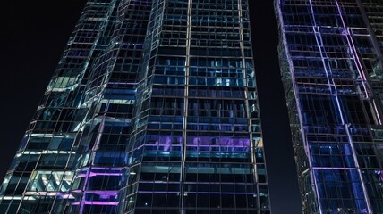 Modern Skyscrapers Illuminated at Night in an Urban Setting, Showcasing Reflective Glass and Vibrant Lighting Along the Facade