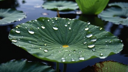 Droplets Glisten on Vibrant Green Lotus Leaves in a Serene Water Garden During Early Morning Light