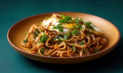 Delicious toasty kaolengmian with egg and chili sauce served on an amber plate against a teal background for a savory street treat