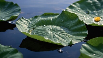 Lush Green Lotus Leaves Floating Serenely on Still Water Reflecting Droplets and Sunlight in a Tranquil Natural Setting Near a Pond
