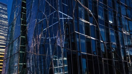 Reflections of Urban Architecture at Night Showcasing Modern Glass Buildings With Intricate Design Elements