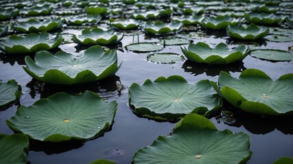 Lush Green Lily Pads Floating on Tranquil Water in a Serene Setting During Early Morning Light
