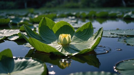 Beautiful Water Lily Blooms on Tranquil Pond Under Soft Morning Light With Lush Green Leaves Surrounding It